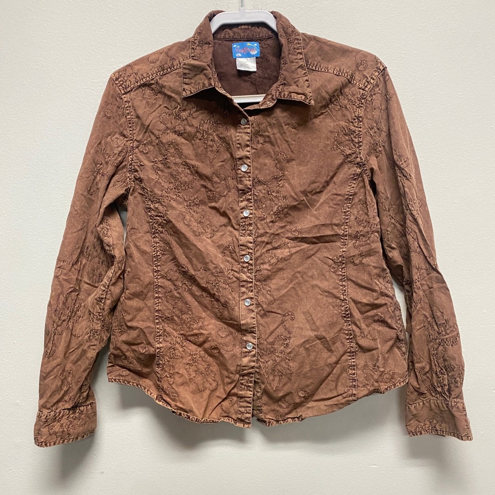Cre8tions Single Embroidered Med Snap Button Down Top Western Country Academia